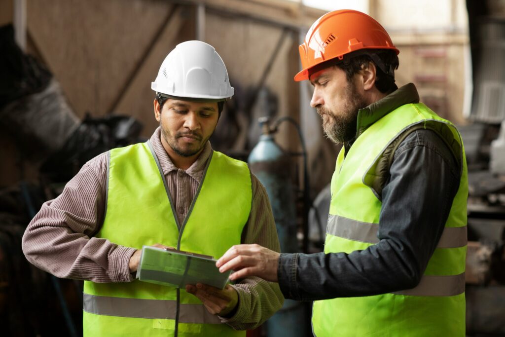 This is a picture of two people talking in a manufacturing environment to represent the blog, 'The 5 Questions Manufacturers Ask Before Outsourcing Their Packing 📦'
